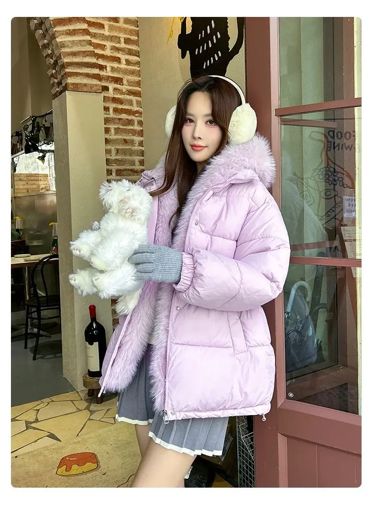 Women Lavender Short Puffer Coat 2026 Winter Faux Fur Hooded Loose Cotton‑Padded Jacket Sweet Casual