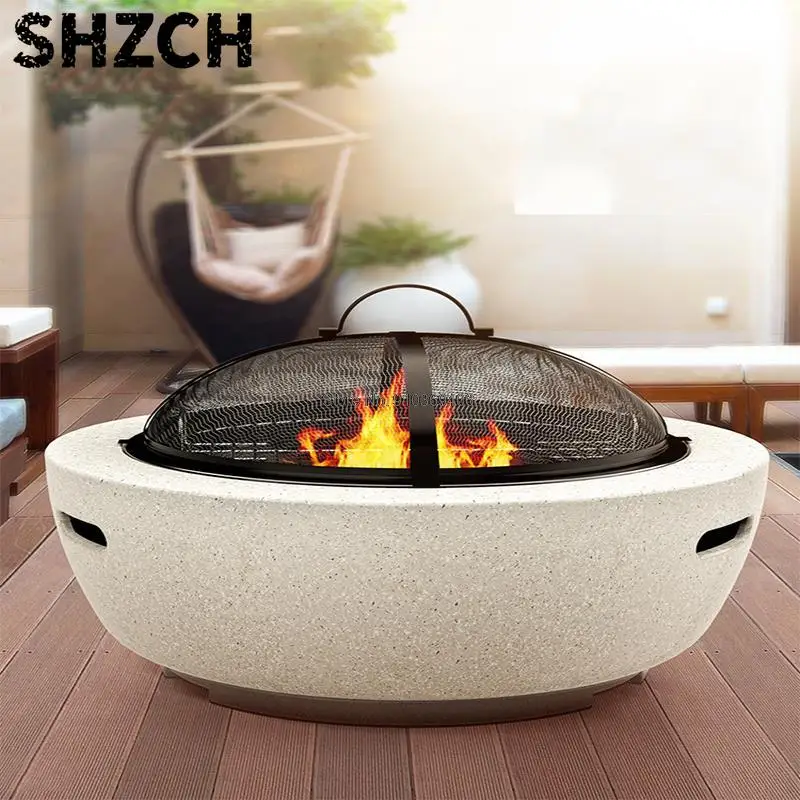 Round Outdoor Fire Pit Table Household Charcoal Brazier Garden Courtyard Barbecue Grill With Mesh Enclosure And Barbecue Net