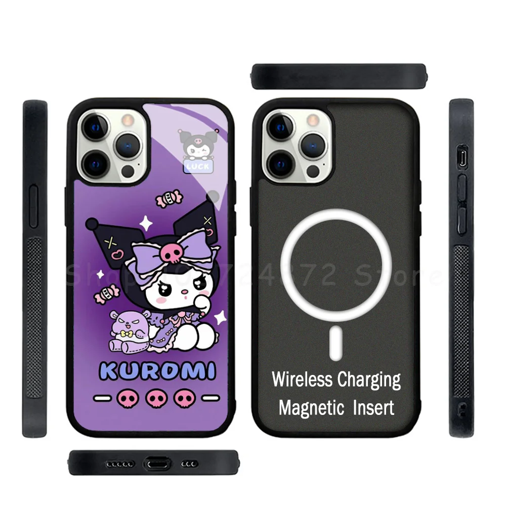 

Kawaii K-kuromi Phone Case Strong Magnetic For IPhone 15 14 13 Pro Max Mini Alex Mirror For Magsafe Wireless Charging Cover