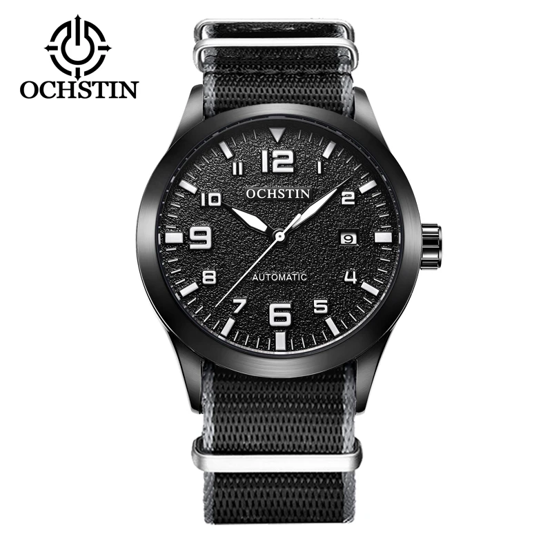 Automatic Mechanical Men Watch Military Style with Auto Date Luminous Hands Tactical Slip-thru Nylon Strap Old School Wristwatch