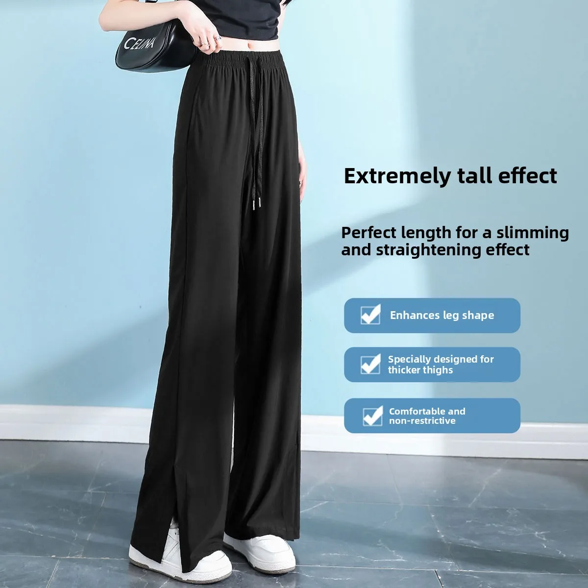 

Женские летние тонкие брюки из ледяного шелка с широкими штанинами, высокой талией, драпировкой, прямым кроем, повседневные, с защитой от солнца, быстросохнущие, спортивные, с разрезами