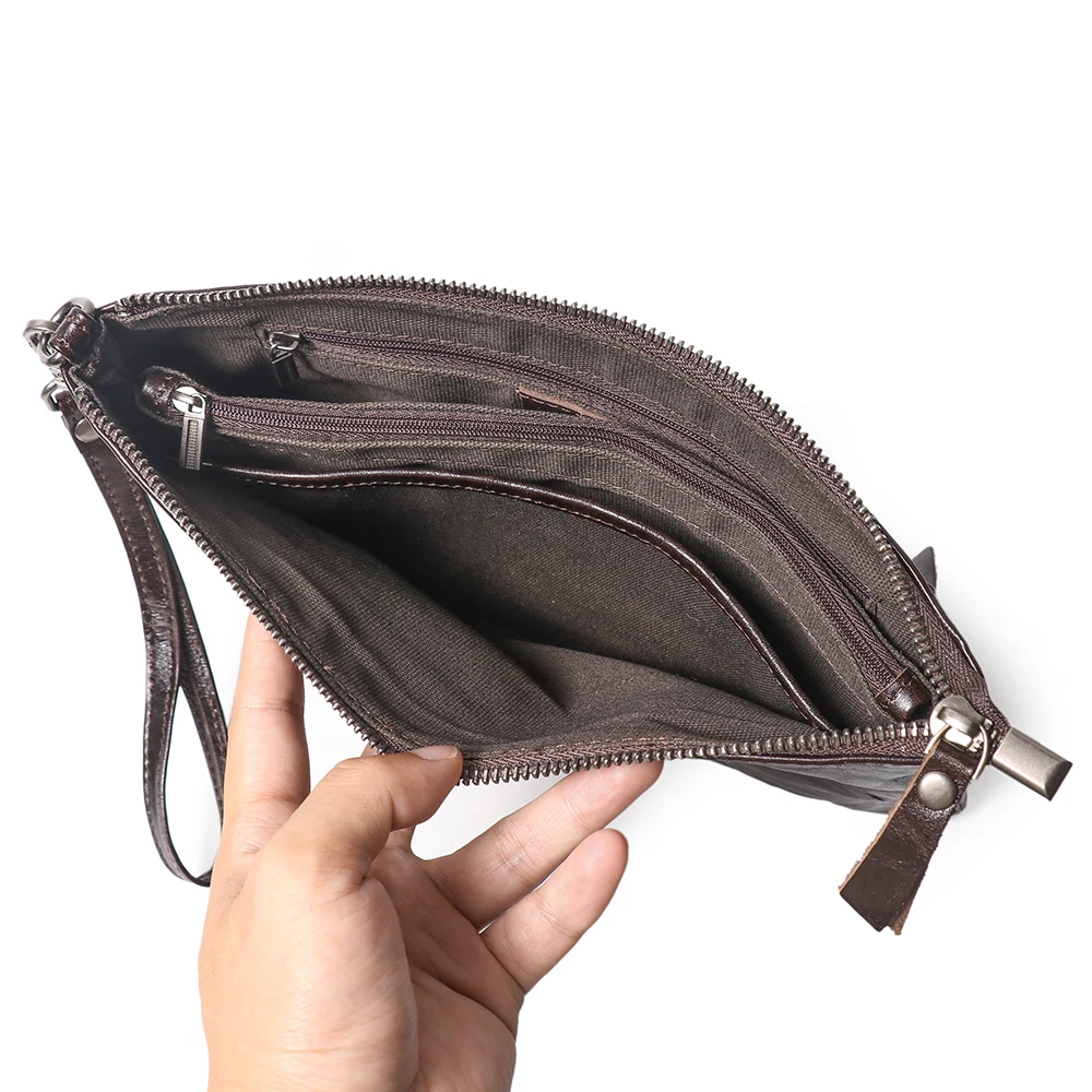 Vintage Everyday Versatile First-Layer Cowhide Envelope Clutch Zip Phone Wallet with Detachable Wrist Strap