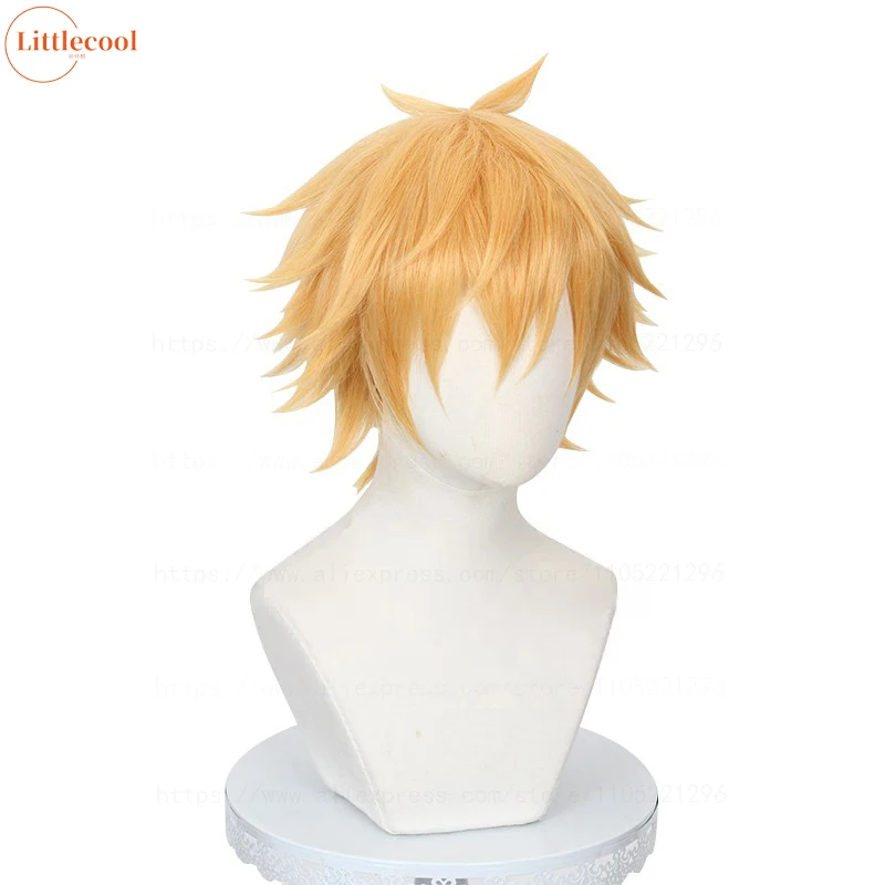 Perruque de Cosplay Denji de haute qualité, cheveux synthétiques courts dorés résistants à la chaleur, perruques de dessin animé de carnaval d'halloween + bonnet de perruque