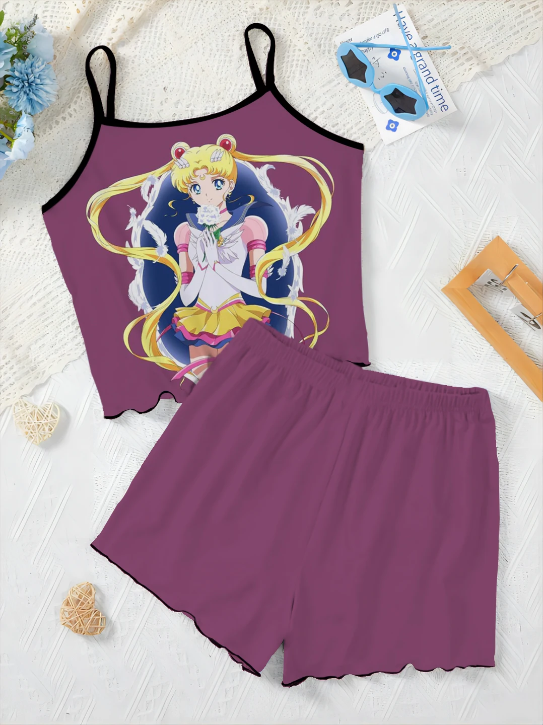 Fashionable, casual, comfortable, simple, 2-piece set, comfortable tops and shorts pajamas for women, Sailor Moon print, satin,