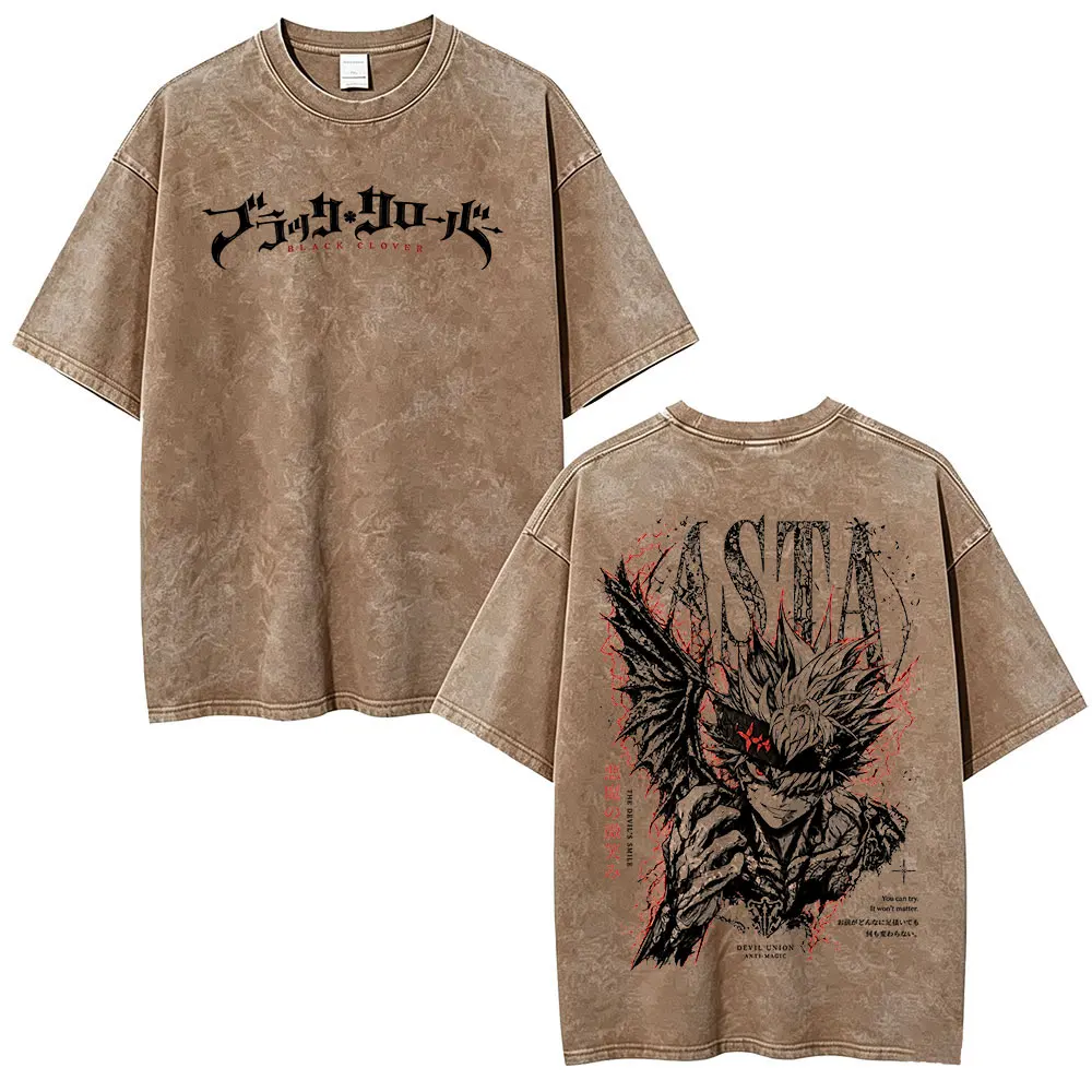 Anime Black Clover Asta Vintage Acid Washed T-Shirts Herren Damen Kleidung Mode Harajuku T-Shirt Lässige Kurzarm-T-Shirts – Detail 3