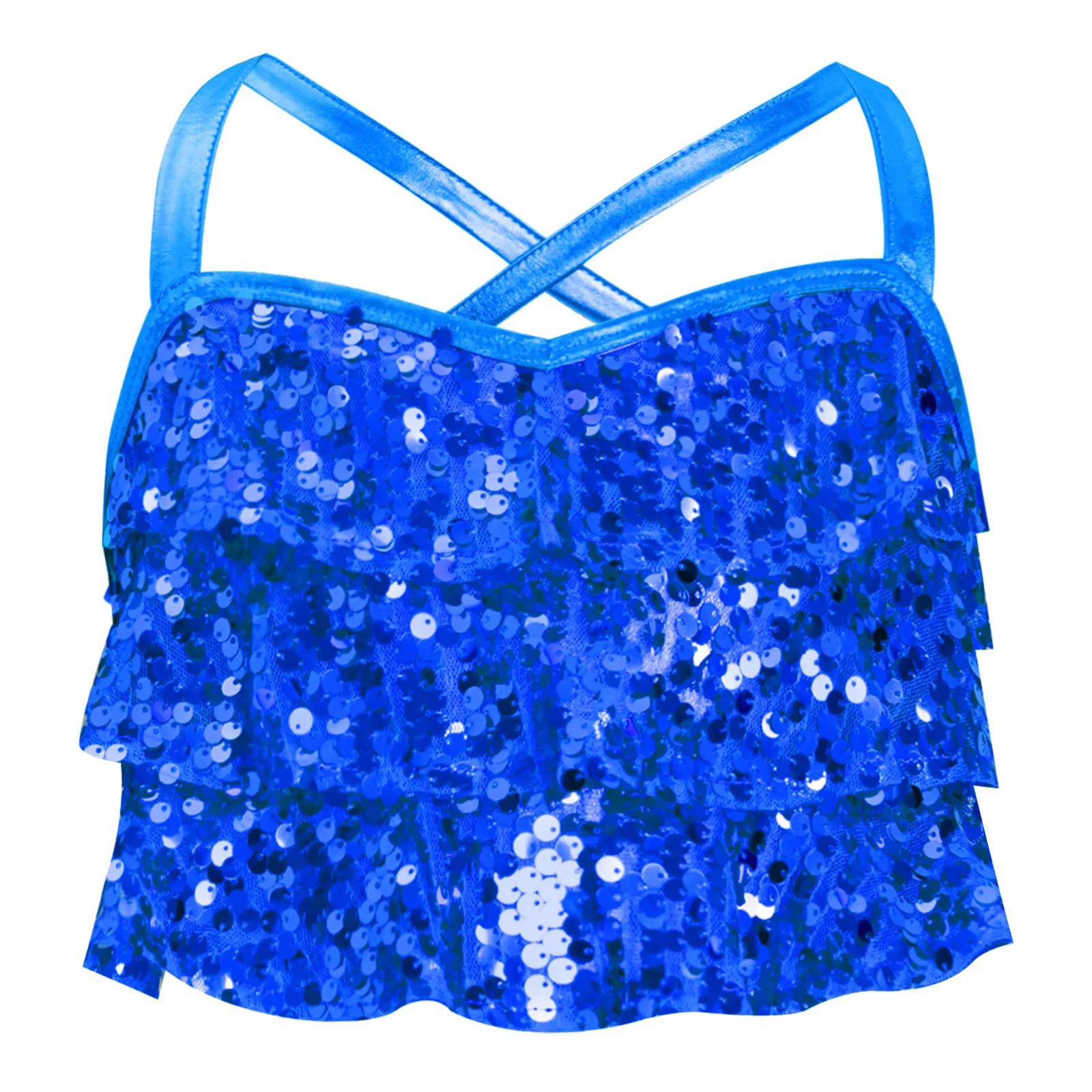 Fashion Children's Crop Top for Girls Cross Back Dance Tops Kids Girls Glittery Sequins Clothing Stage Performance Costume