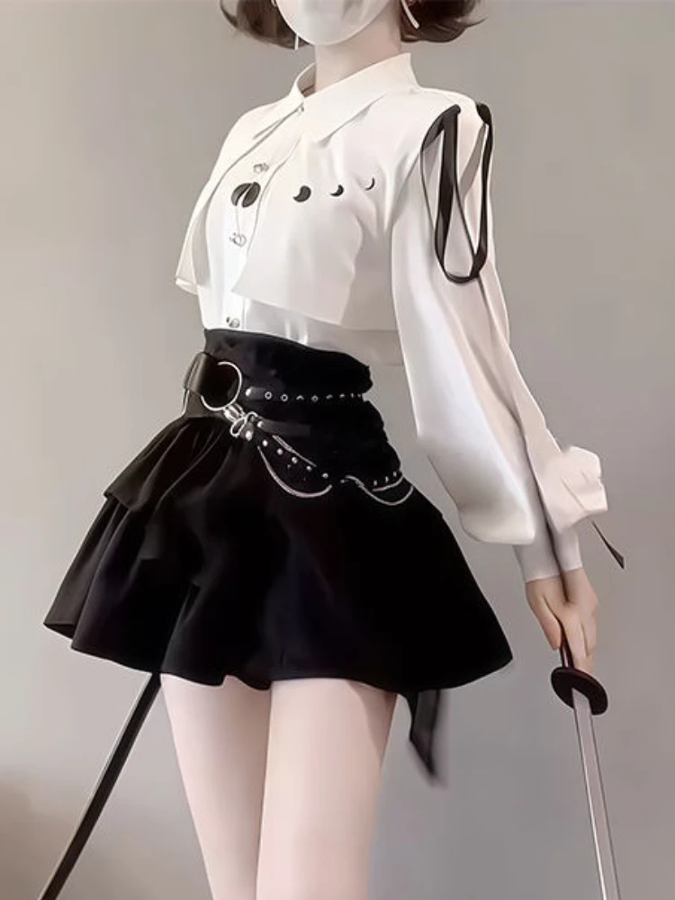 Estético y2k design novo conjuntos de 3 peças roupas femininas gótico botão design topos + preto cintura alta saia retro chique cinto conjuntos 2025