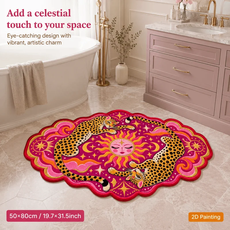 VIKAMA Vintage Boho Celestial Leopard Sun Moon Star Pink Irregular Shaped Rug Soft Plush Non-Slip Bedroom Bedside Mat Home Decor