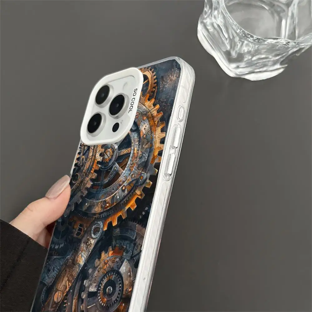 حافظة تروس ميكانيكية لهاتف iPhone17 16 15 14 13 12 11 Pro/ Max/Plus غطاء خلفي مقاوم للصدمات ومضاد لبصمات الأصابع