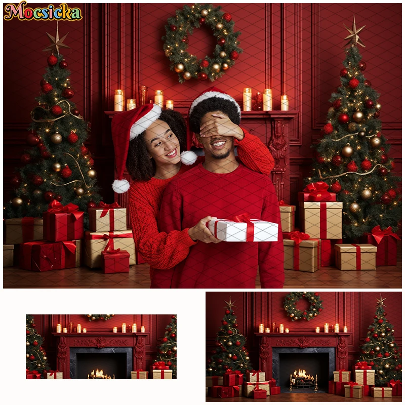 Christmas Gifts Fireplace Backdrops XMAS Trees Wreath Photography Background For Kids Family Portrait Livingroom Photo Props