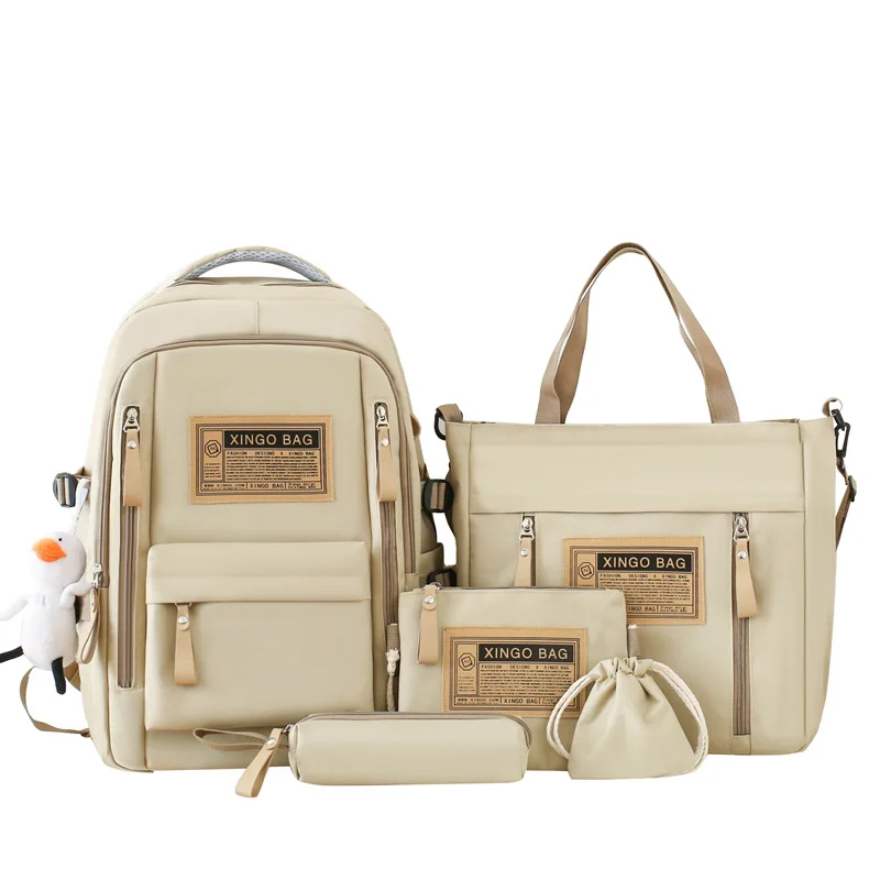 Korean Version 5-piece Set College Style Trend Street Large-capacity Schoolbag Male and Female Students Backpack Shoulder