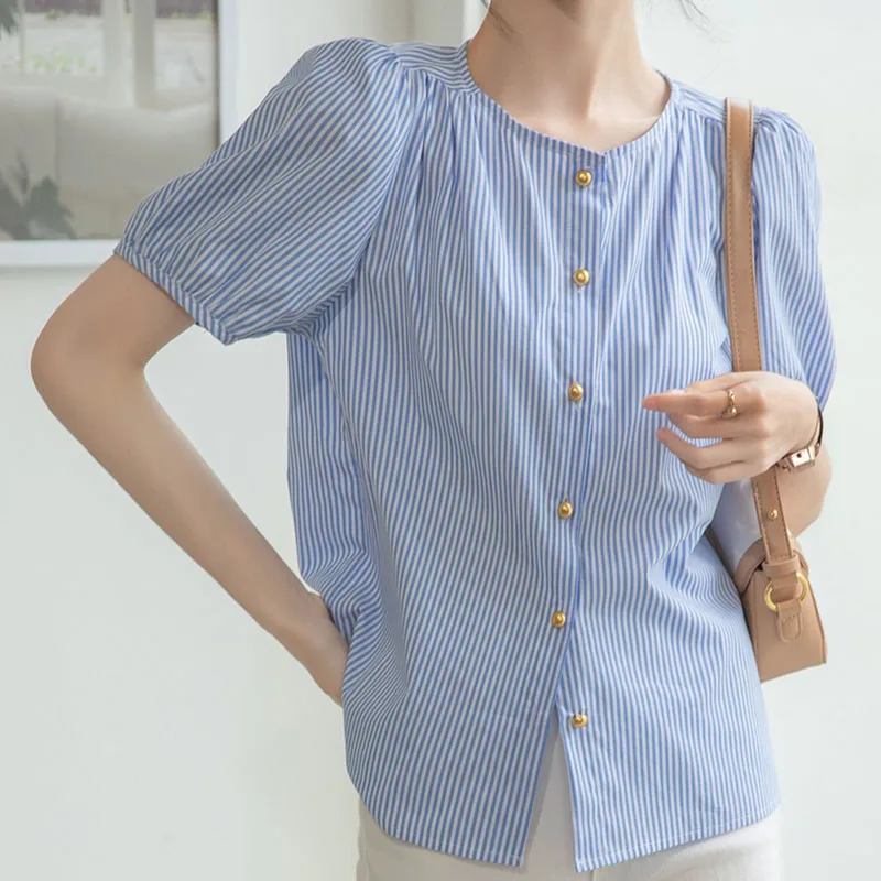 

Summer Short Sleeve Shirts For Women Casual Button Blouses Blue Striped Korean Fashion Loose O Neck Tops Mujer Woman Clothing