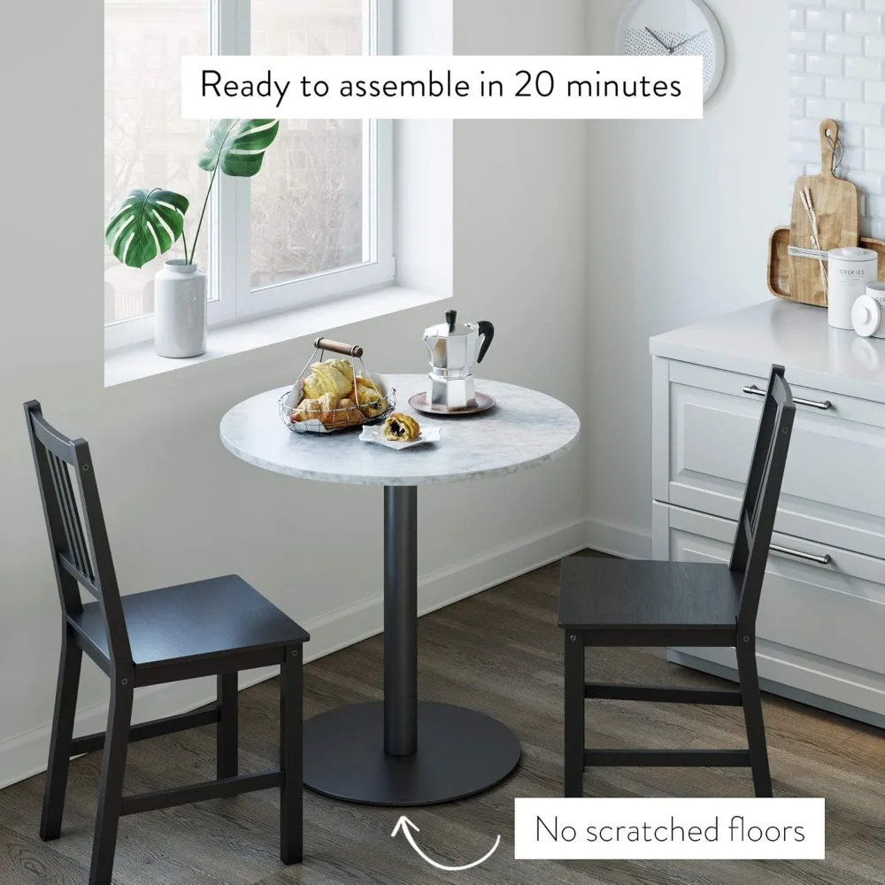 Small Mid-Century Modern Kitchen or Dining Table with Faux Carrara Marble Top and Brushed Metal Pedestal Base