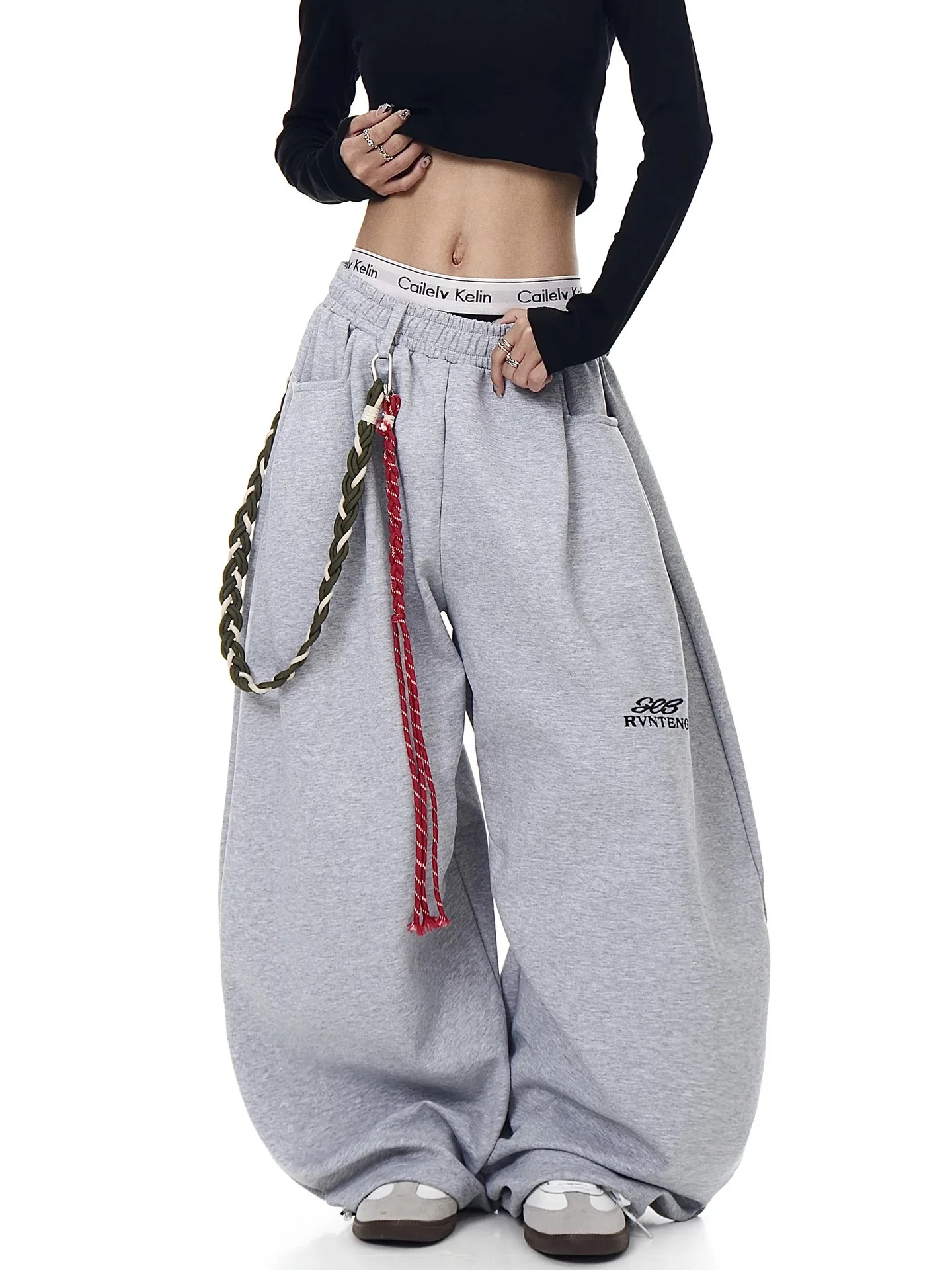 Retro Wide Leg Sweatpants Loose Casual Curved Pants Versatile Street Jazz Decorative Rope High Waist Women Streetwear