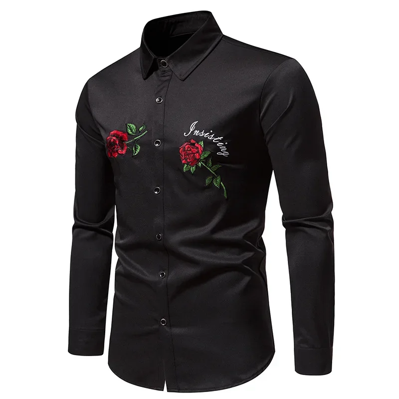 Mens Western Cowboy Shirt Long Sleeve Button Down Dress Shirts Stylish Black Rose Floral Embroidery Shirt Men Camisas Hombre XXL