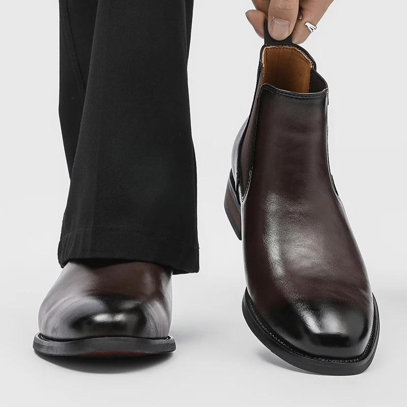 DIMANYU Chelsea Boots Man Genuine Leather Men's High-Top Boots Simple Business Dress Pointed Short Boots For Men