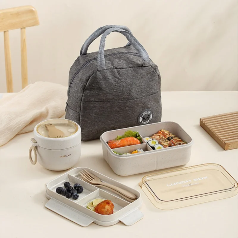 

Wheat Straw Lunch Box Portable Tableware Bento Box with Fork and Spoon Water Cup Soup Bowl Thermal Bag School Office Tableware