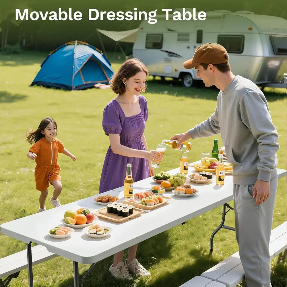 oldable Table - Heavy Duty Portable Plastic Top & Steel Legs, Built-in Handle or Indoor Outdoor Party, Camping, White 8 T, Stand
