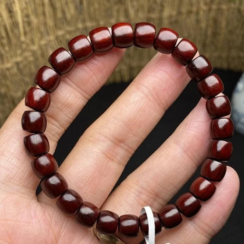 

Vintage-style African small-leaf unisex straight-cut bracelet with traditional blood rosewood barrel beads, single-loop
