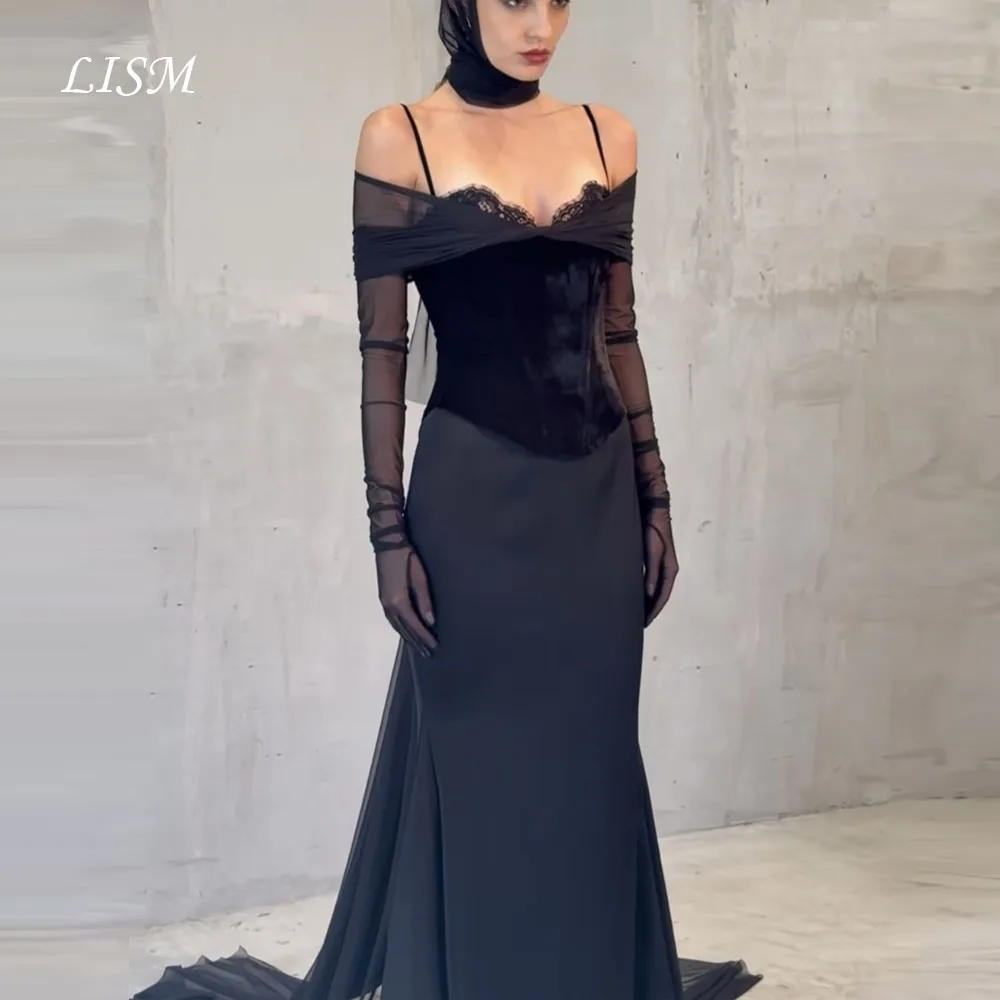 

LISM Black Sweetheart Mermaid Evening Dresses Silk Satin Lace Elegant Prom Dresses Customized Full Sleeves robe de soirée