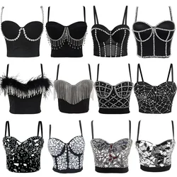 Black Crop Tops White Rhinestone Pearl Sequins Tassel Sleeveless Corset Top 2026 New Gothic Harajuku Party Club Sexy Women Camis