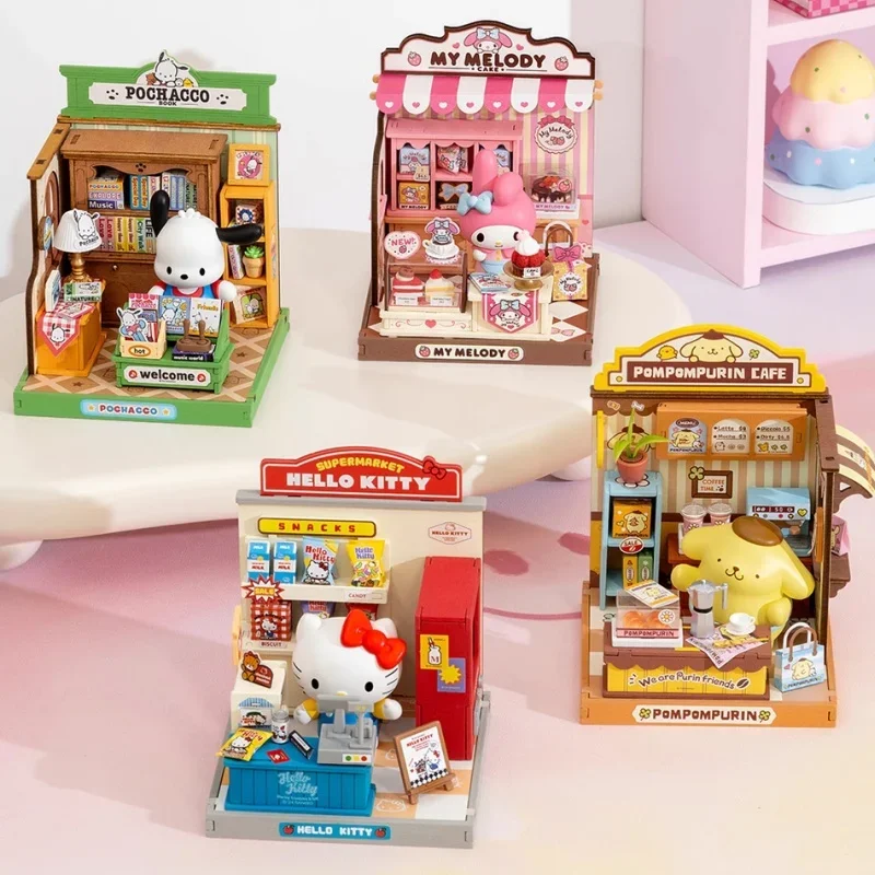 NEW Sanrio Family Cute Fun Series Hello Kitty Snack Store Snack House Library DIY Hut Miniature Miniature Model Children's Gifts