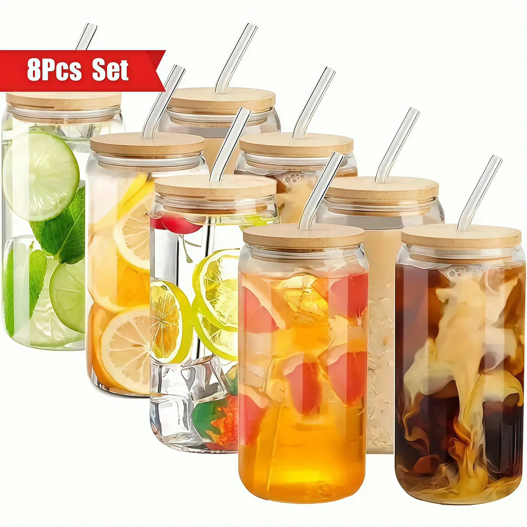 

8pc, Glass Cup With Bamboo Lid And Glass Straw+Straw Brush, Exquisite Glass Cup, Essential For Furniture And Kitchen