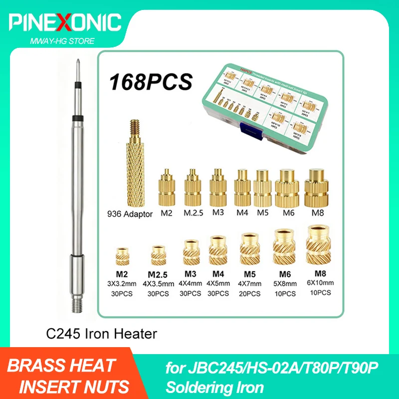 168PCS Heat Set Insert Tool Kit Soldering Iron Tips with M2 M3 M4 M5 M6 M8 Thread Inserts Compatible for JBC245 HS-02A T80P T90P