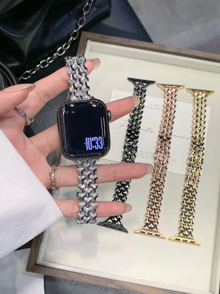

Блестящий бриллиантовый ремешок для Apple Watch 38 40 42 41 45 46 49 мм, элегантный металлический браслет для iWatch S11 10 9 8 7 6