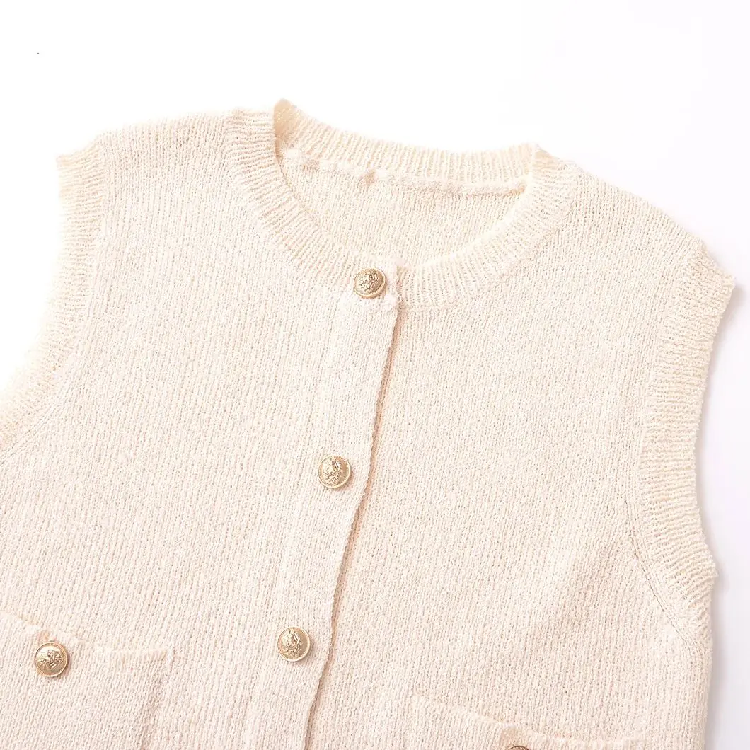 TRAF Autumn Beige Knitted Women Waistcoat Sleeveless Pockets Single Breasted Slim Cardigan Jacket Vest Y2K Crop Top 6771104