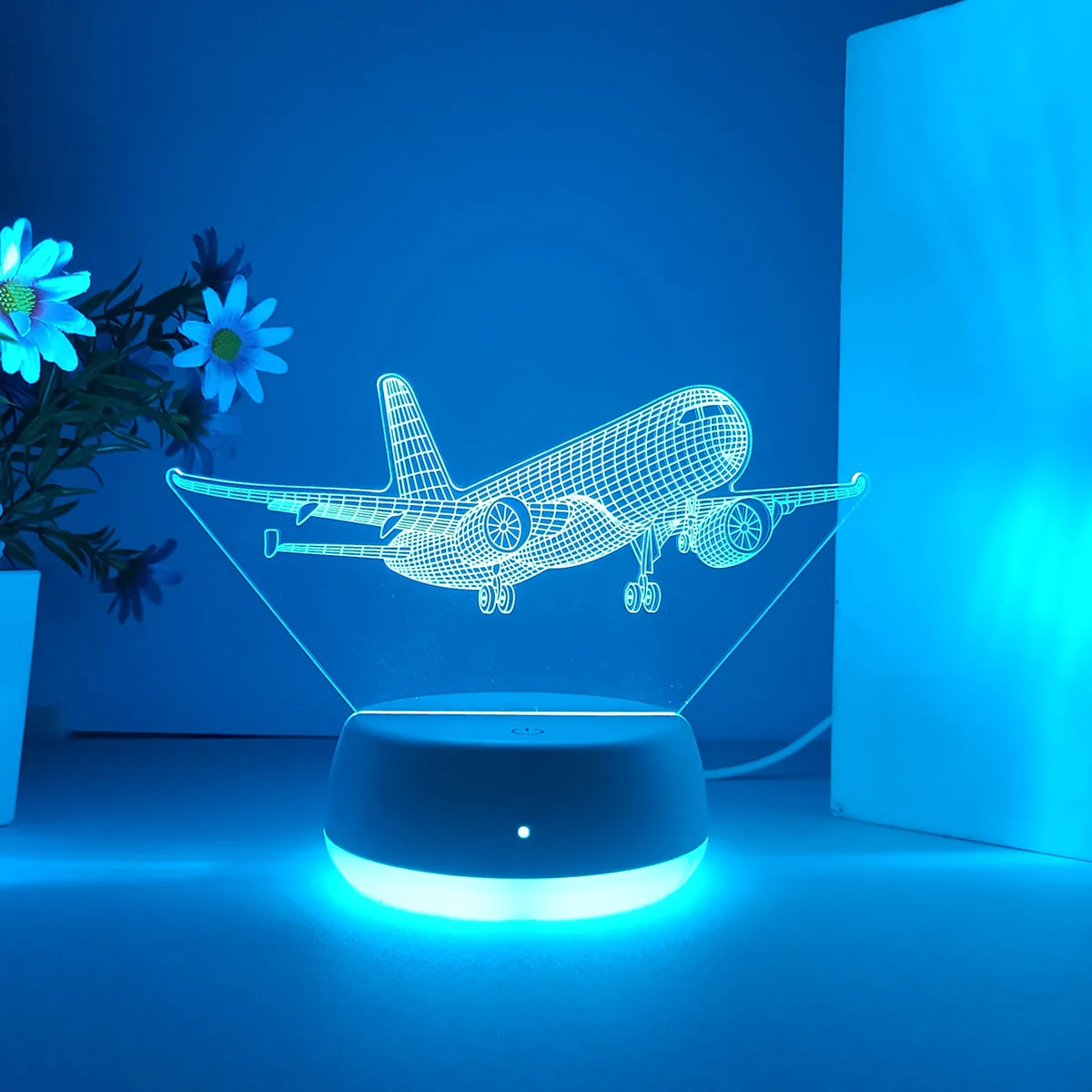 1 قطعة ضوء ليلي ثلاثي الأبعاد للطائرة، مصدر طاقة USB، قاعدة مضيئة، مناسبة لغرفة النوم وغرفة المعيشة، مفتاح لمس، سبعة ألوان.