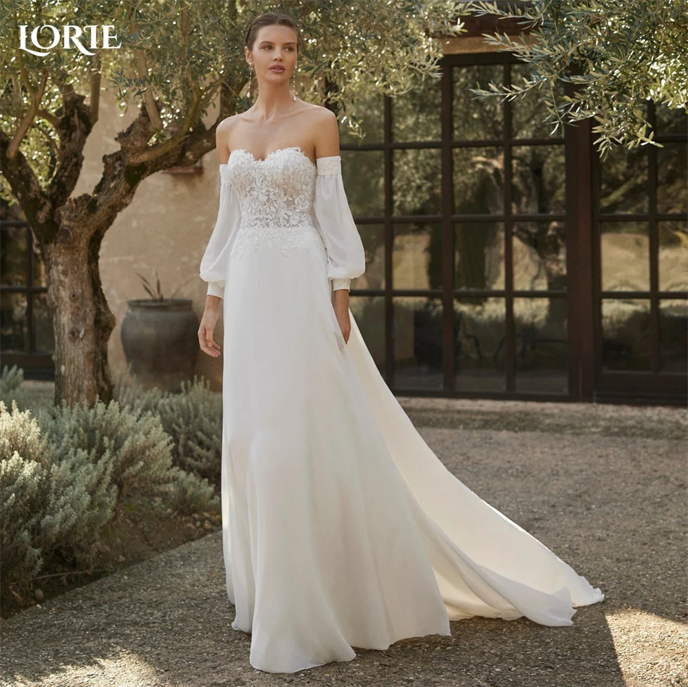 

LORIE Bohemia Lace Wedding Dresses Simple Appliques Off Shoulder A-Line Backless Bridal Gowns Puff Sleeves Elegant Bride Dress