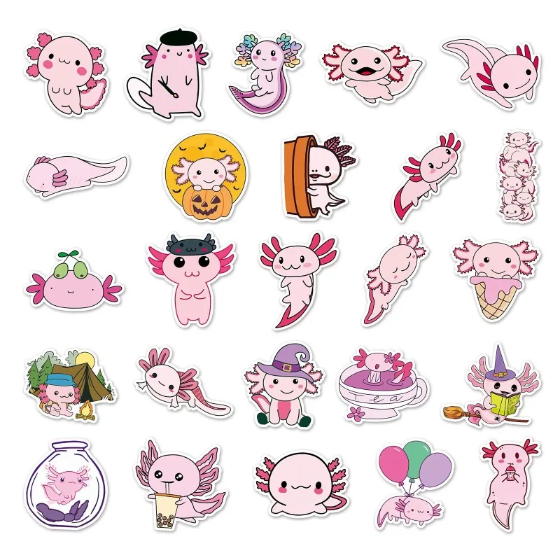 50pcs Mixed Cartoon Pet Salamander Axolotl Kawaii Stickers Animals DIY Toys Bicycle Helmet Motorcycle Decal Sticker