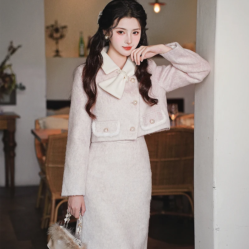 

2024 New Autumn and Winter High-end Advanced French Style Pink Thickened Short Coat and Skirt Two-piece Set for Women Outfit