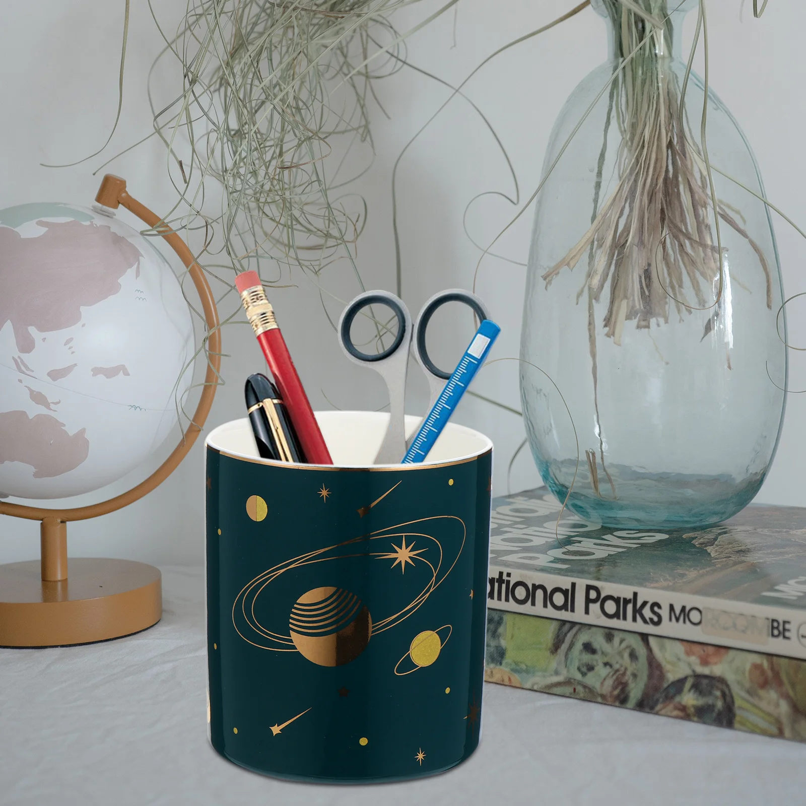 

1Pcs Sky Ceramic Pen Holder Decorative Makeup Brush Pot Large Capacity Stationery Organizer Decorative Pen Holder