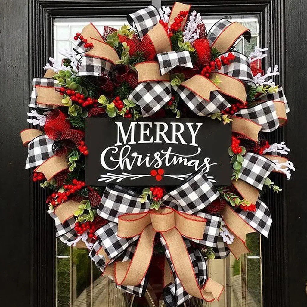 

Artificial Christmas Wreath Cute Bowknot Hanging Garland Plastic Xmas Prop Beautiful Garlands Ornament for Front Door