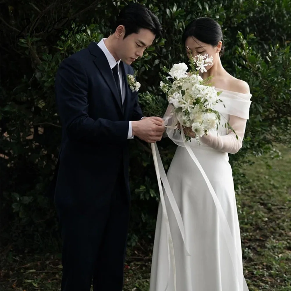 Simple A Line Korea Wedding Dresses Photoshoot Long Sleeves Off Shoulder Floor Length Bridal Gowns Corset Back 2026
