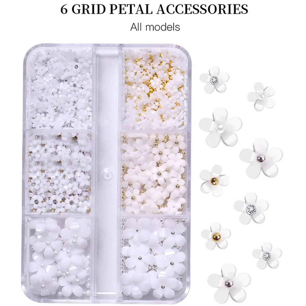 Hot Selling 6 Grids Macaron 3D Resin Five-petal Flowers Nail Art Deaoration Mixed Small Nail Ball/Crystal/Flamer Accessories