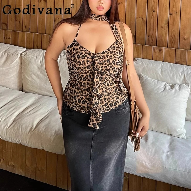 

Large Size Sexy Halter Neck Classic Leopard Print Slim Sling Vest Girl Summer New Elegant Versatile Lace-up Street Backless Top