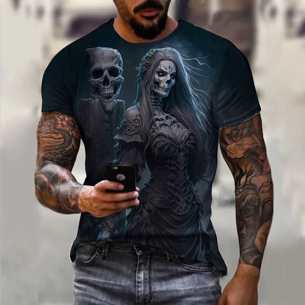 Vintage T Shirts For Men Horror Undead Skull Pattern 3D Printed Short Sleeve Fashion Oversized T-shirt Casual Wowen\'s T-shirt