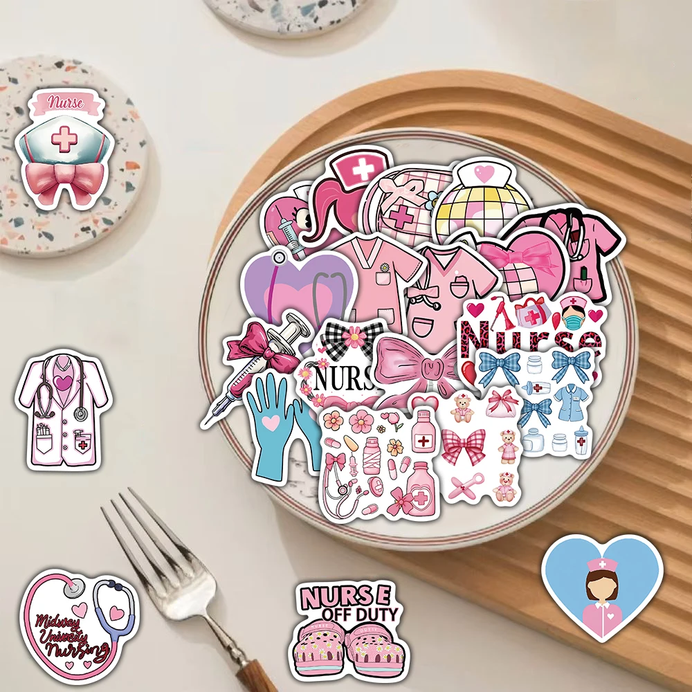 50PCS Pink Bow Nurse Sticker Waterproof Art PVC Gift Phone Cafe Refrigerator Graffiti Living Room Skateboard Decorative