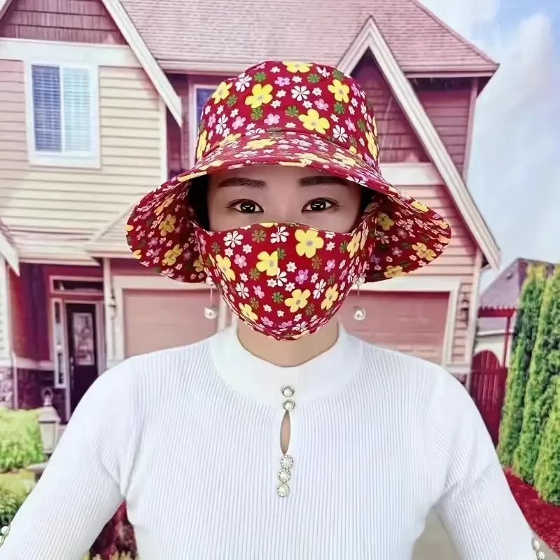 1 piece of summer women's countryside style fashionable floral hat with mask and fisherman's hat