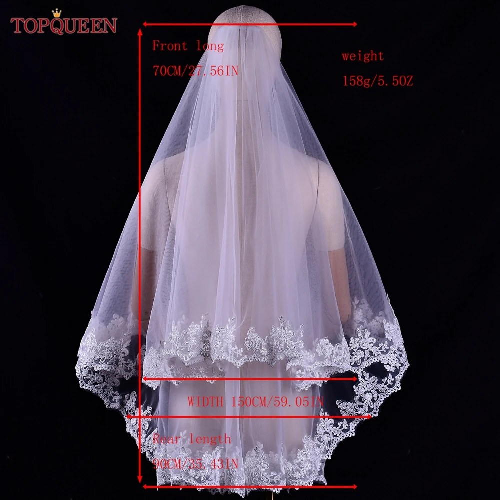 TOPQUEEN V79 Long Wedding Veil with Shine 2 Tier Veil with Lace Applique Bridal Headwear Vail Fingertip Veil Turkish Veil