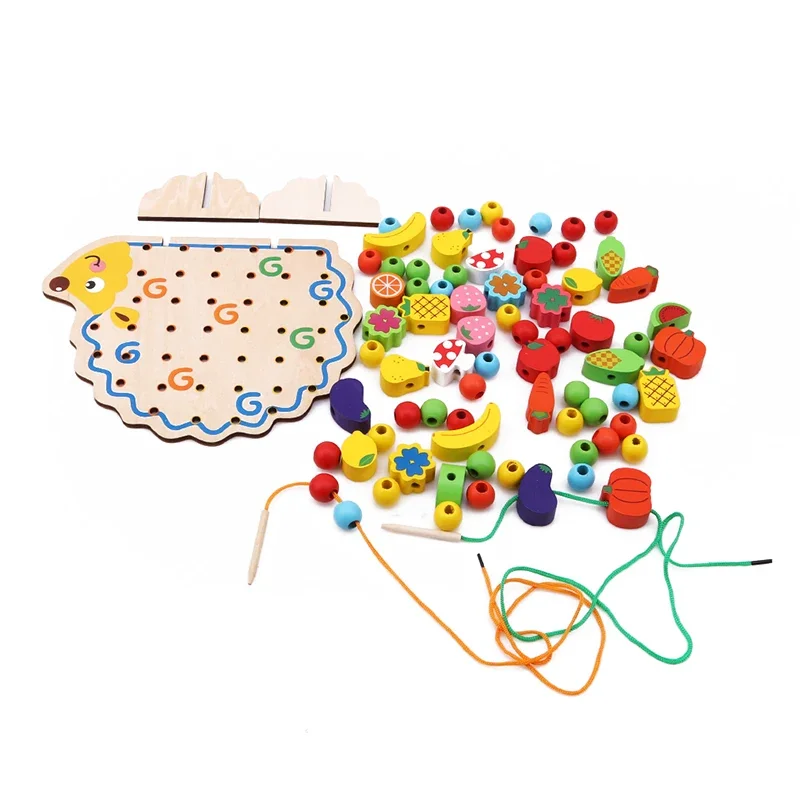 82Pcs Wooden Fruits Vegetables Lacing Stringing Beads Toys with Hedgehog Board Montessori Educational Toy for Kids Children Gift