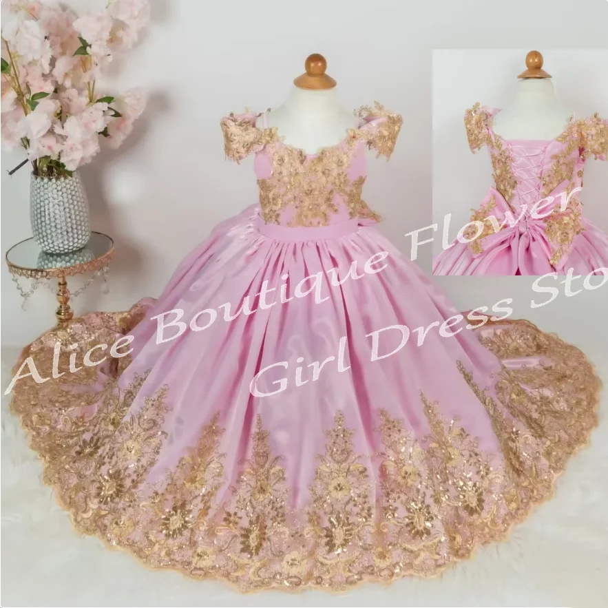 

Customized Pink Flower Girl Dresses Satin Gold Floral Embroidery With Bow Short Sleeve For Wedding Birthday Party Banquet Gowns