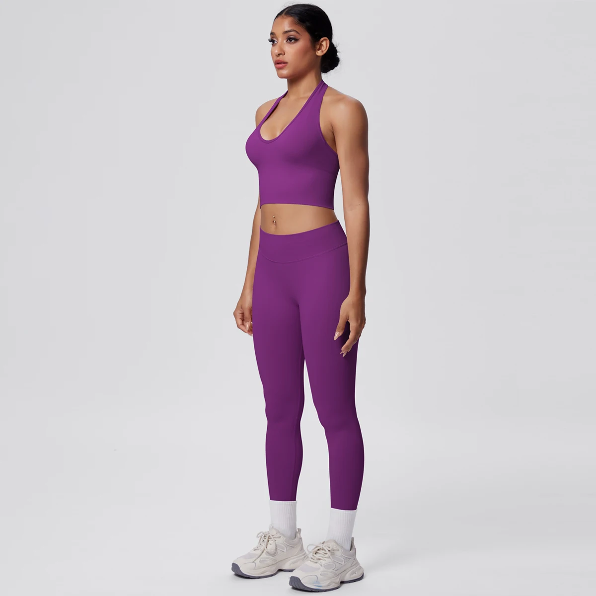 Summer sport seSolid Color Backless Breathable 2pieces Set for Woman High Strength Training Yoga Set Hanging Neck Bra Gym Push U