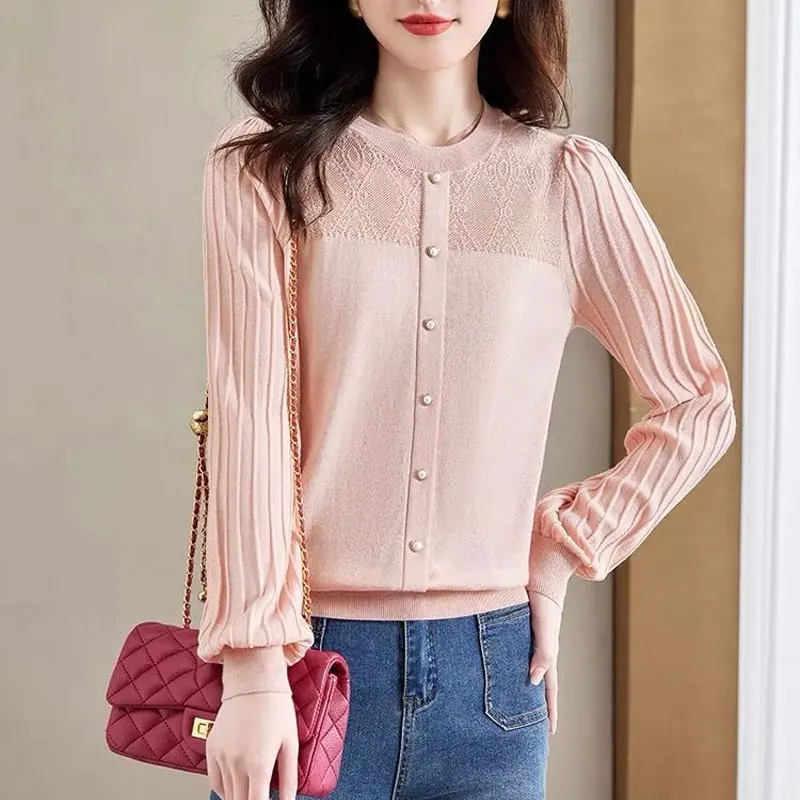 Female Clothing Fashion Hollow Out Blouse Korean Solid Color Spring Autumn Commute Button Loose Casual Round Neck Knitted Shirt