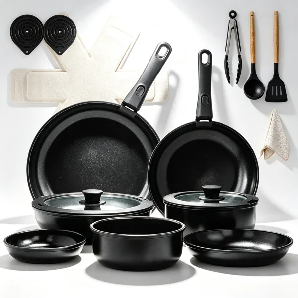 20 Piece Nonstick Pots and Pans Set, Black Aluminum Cookware Set with Pre-Assembled Handles, 6 Cooking Pots Including 28cm Stockpot and 3 Lids, Induction Compatible Kitchen Cookware for Gas and Electric Stoves