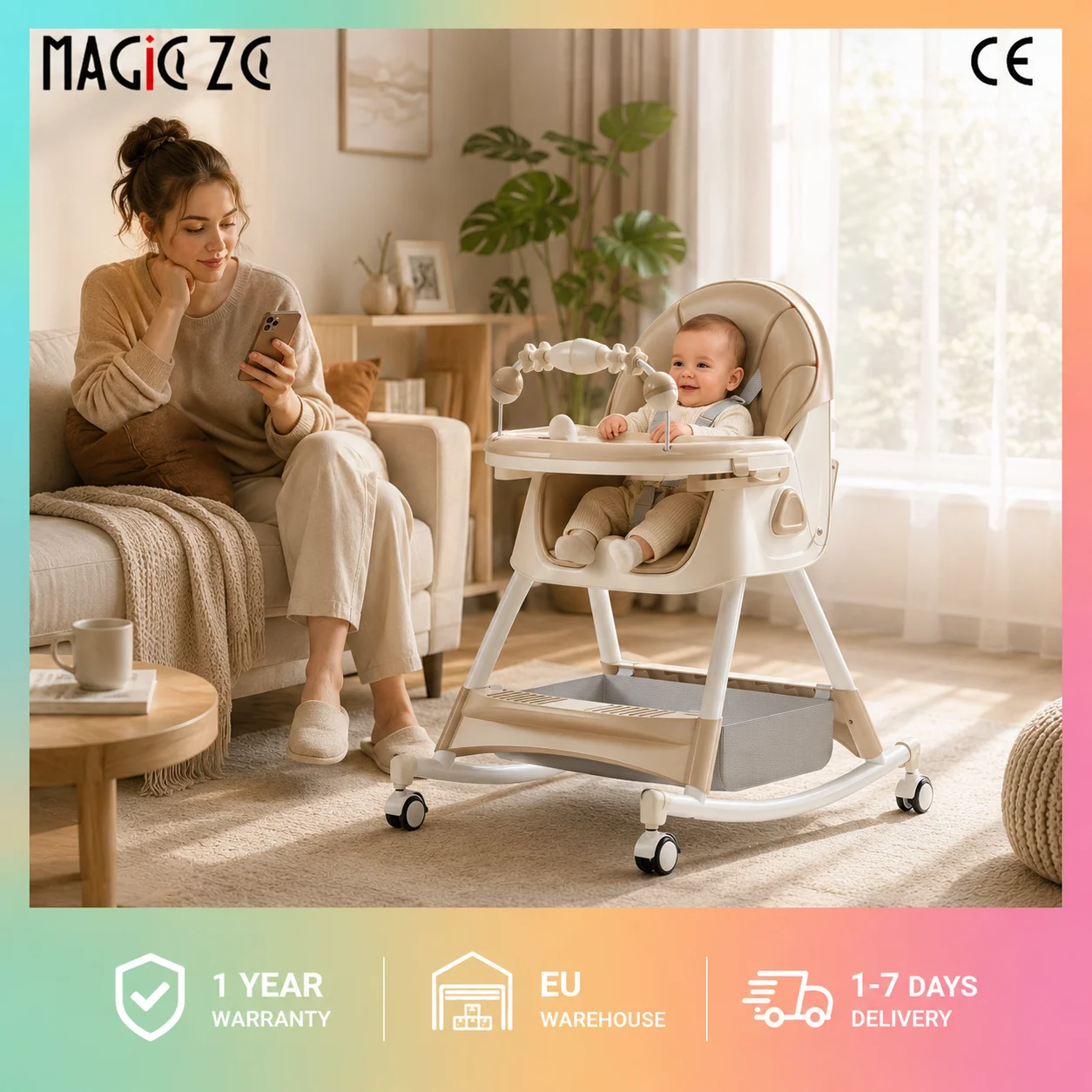 Chaise haute bébé multi-positions, siège d'alimentation 4-en-1 pour nourrisson avec centre d'activités amovible, plateaux repas doubles réglables, chaise trotteur et cheval à bascule pour tout-petit, siège rehausseur en tube métallique renforcé avec filet de rangement et roulettes de sécurité