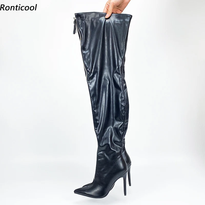 

Ronticool/Новые женские сапоги до бедра из искусственной кожи на молнии, пикантные туфли на шпильке с острым носком, черные туфли для ночного клуба, женские размеры США 5-15